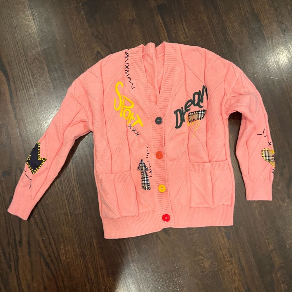 Oversized Pink Cardigan - Women’s Size Small - With Style Patches